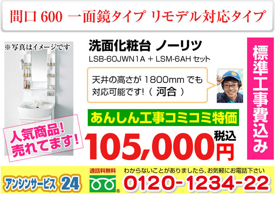 ノーリツ 洗面化粧台 収納 一面鏡タイプ 間口600