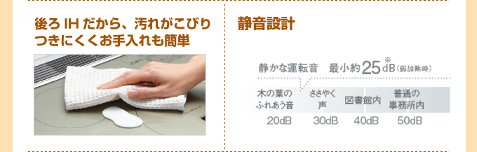後ろIHだから、汚れがこびりつきにくくお手入れも簡単 静音設計