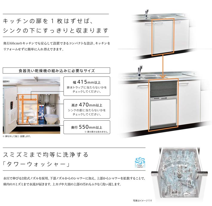 EW-45L1SM] 三菱 食器洗い乾燥機 ドア面材型 コンパクトタイプ 浅型 幅45cm 奥行き：650mm以上 ステンレスシルバー 【送料無料】  食器洗い乾燥機