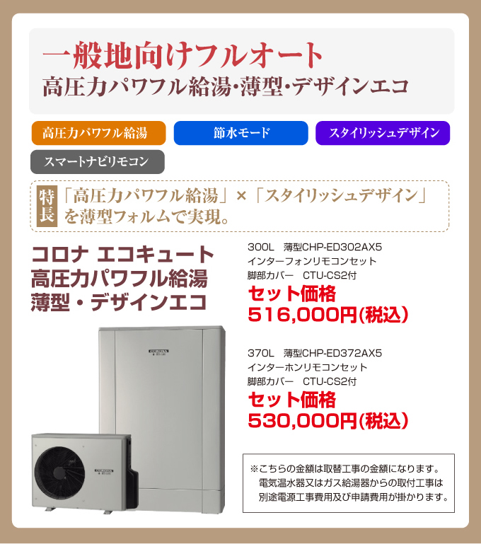 一般地向けフルオート 高圧力パワフル給湯・薄型・デザインエコ コロナエコキュート