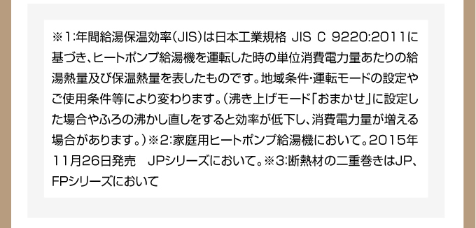 パナソニック（Panasonic）エコキュート※1：年間給湯保温効率（JIS）は日本工業規格 JIS C 9220:2011に基づき、ヒートポンプ給湯機を運転した時の単位消費電力量あたりの給湯熱量及び保温熱量を表したものです。地域条件・運転モードの設定やご使用条件等により変わります。（沸き上げモード「おまかせ」に設定した場合やふろの沸かし直しをすると効率が低下し、消費電力量が増える場合があります。）※2：家庭用ヒートポンプ給湯機において。2015年11月26日発売 JPシリーズにおいて。
