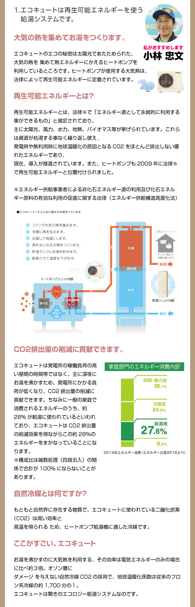 エコキュートは再生可能エネルギーを使う給湯システムです。大気の熱を集めてお湯をつくります。再生可能エネルギーとは？