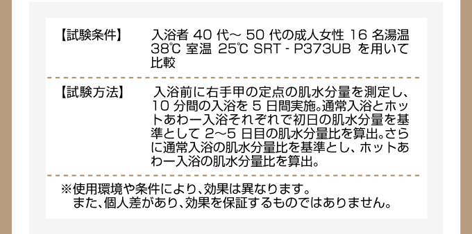 【試験条件】入浴者40代~50代の成人女性16名湯温38℃ 室温25℃ SRT‐P373UBを用いて比較【試験条件】入浴前に右手甲の定点の肌水分量を測定し、10分間の入浴を5日間実施。通常入浴とホットあわー入浴それぞれで初日の肌水分量を基準として2?5日目の肌水分量比を算出。さらに通常入浴の肌水分量比を基準とし、ホットあわー入浴の肌水分量比を算出。●使用環境や使用状況により効果は異なります。また、快適性は個人差があり、効果を保証するものではありません